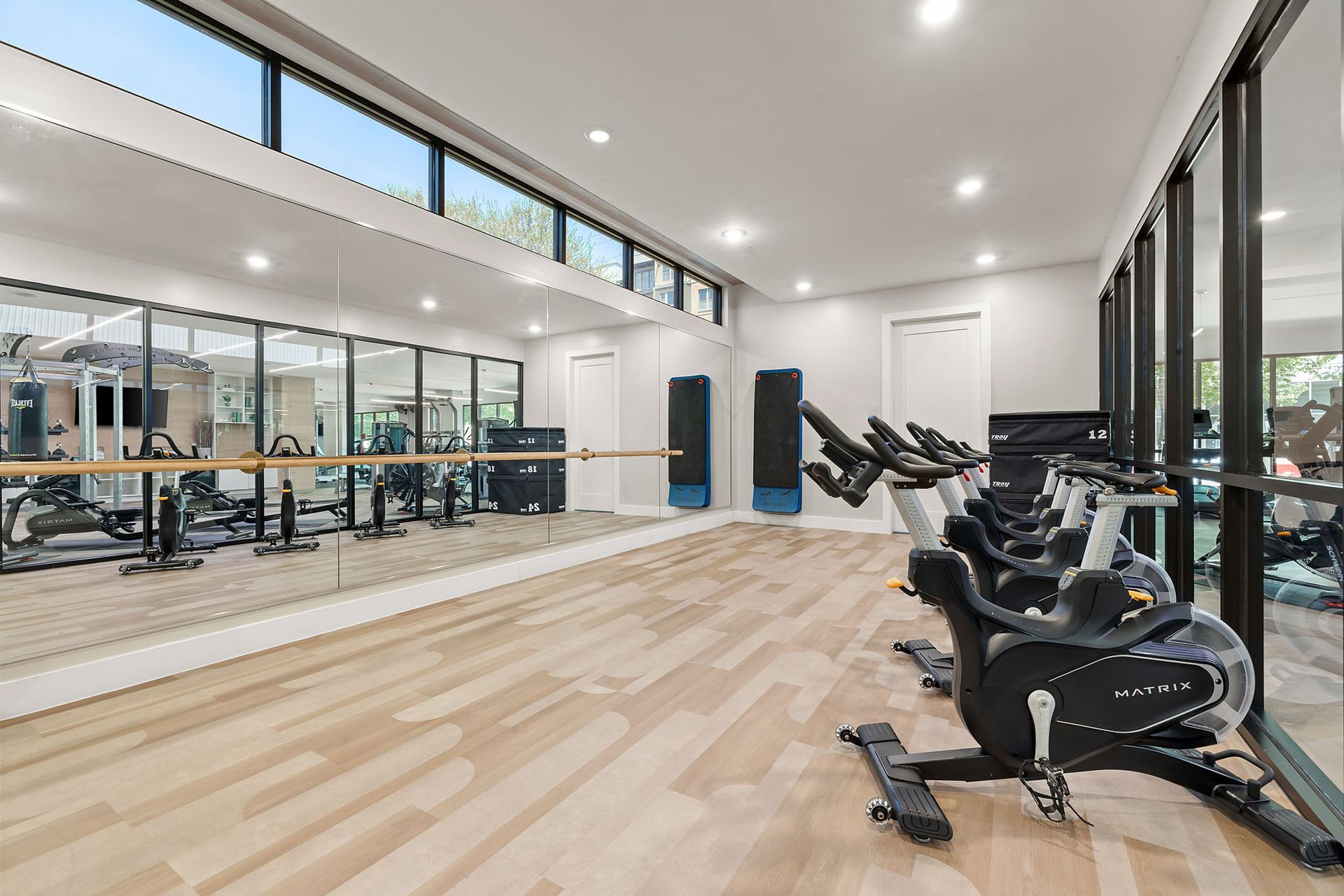 Bright modern gym with cardio and weight equipment, light wood floors, and large windows