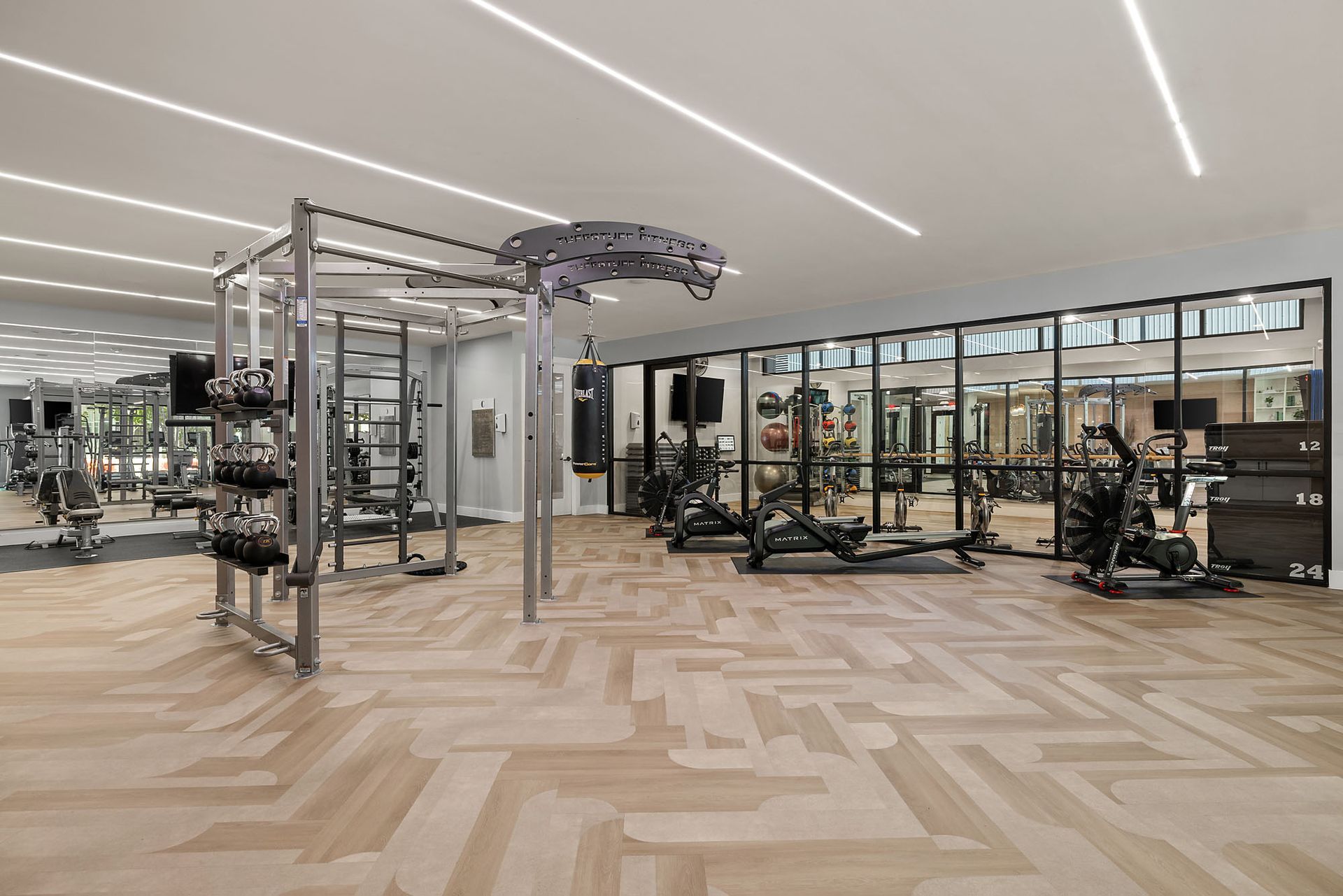 Modern gym interior with weight machines, cable stations, and mirrored walls on a light wood floor