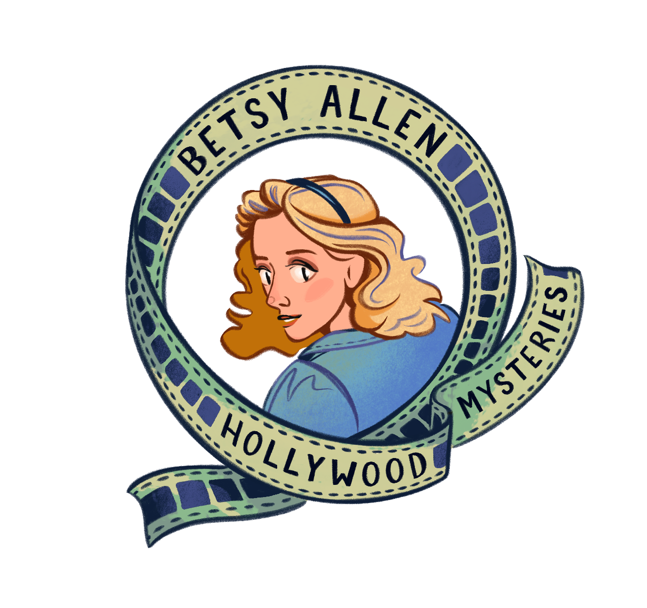 Betsy Allen Hollywood Mysteries logo with a blonde woman illustration in a blue circle