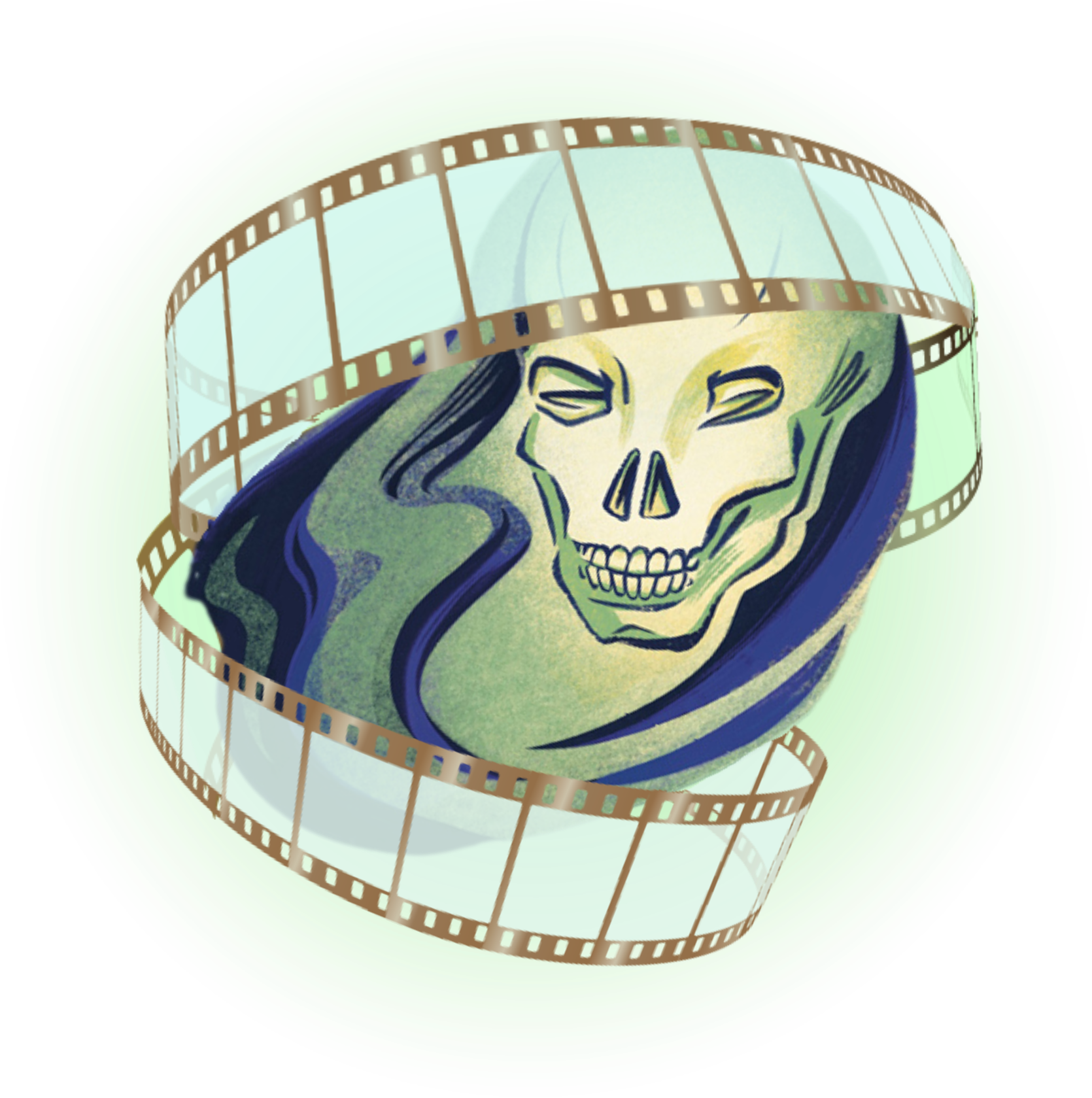 Stylized skull surrounded by a curling filmstrip on a blue background