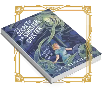Book cover of “The Secret Sister” by Kate Saunders, shown at an angle with blue-green artwork and gold border.