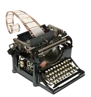 Vintage black typewriter with a paper film strip feeding out of it
