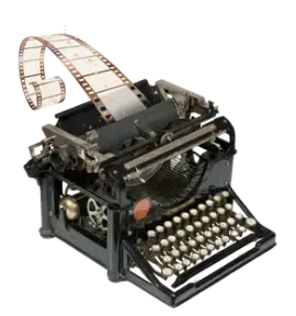 Vintage black typewriter with a paper film strip feeding out of it