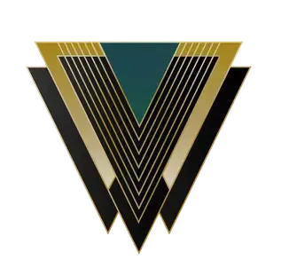 Geometric gold, black, and teal layered V-shaped logo on white background