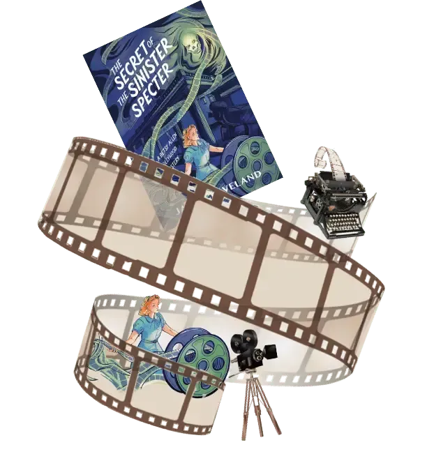 Science fiction filmstrip with movie poster, camera, and projector on a white background