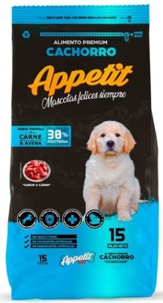 Una bolsa de comida para cachorros Appetit con la imagen de un cachorro.