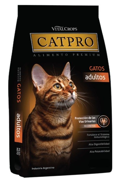 Una bolsa de comida para gatos Cat Pro con un gato encima.