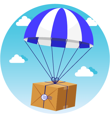 Una caja está volando por el aire con un paracaídas.
