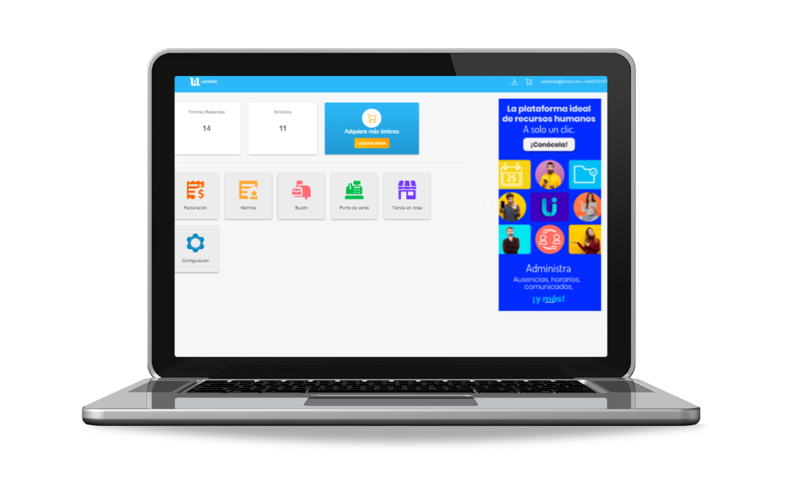 Una computadora portátil con un banner azul en la pantalla.