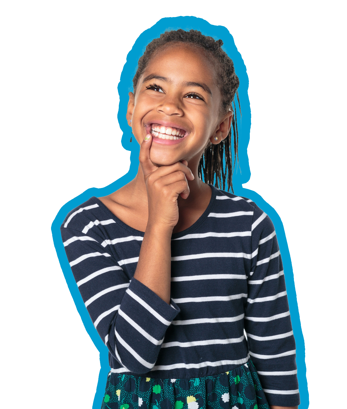 Smiling Black girl looking up, finger to chin, wearing striped shirt.