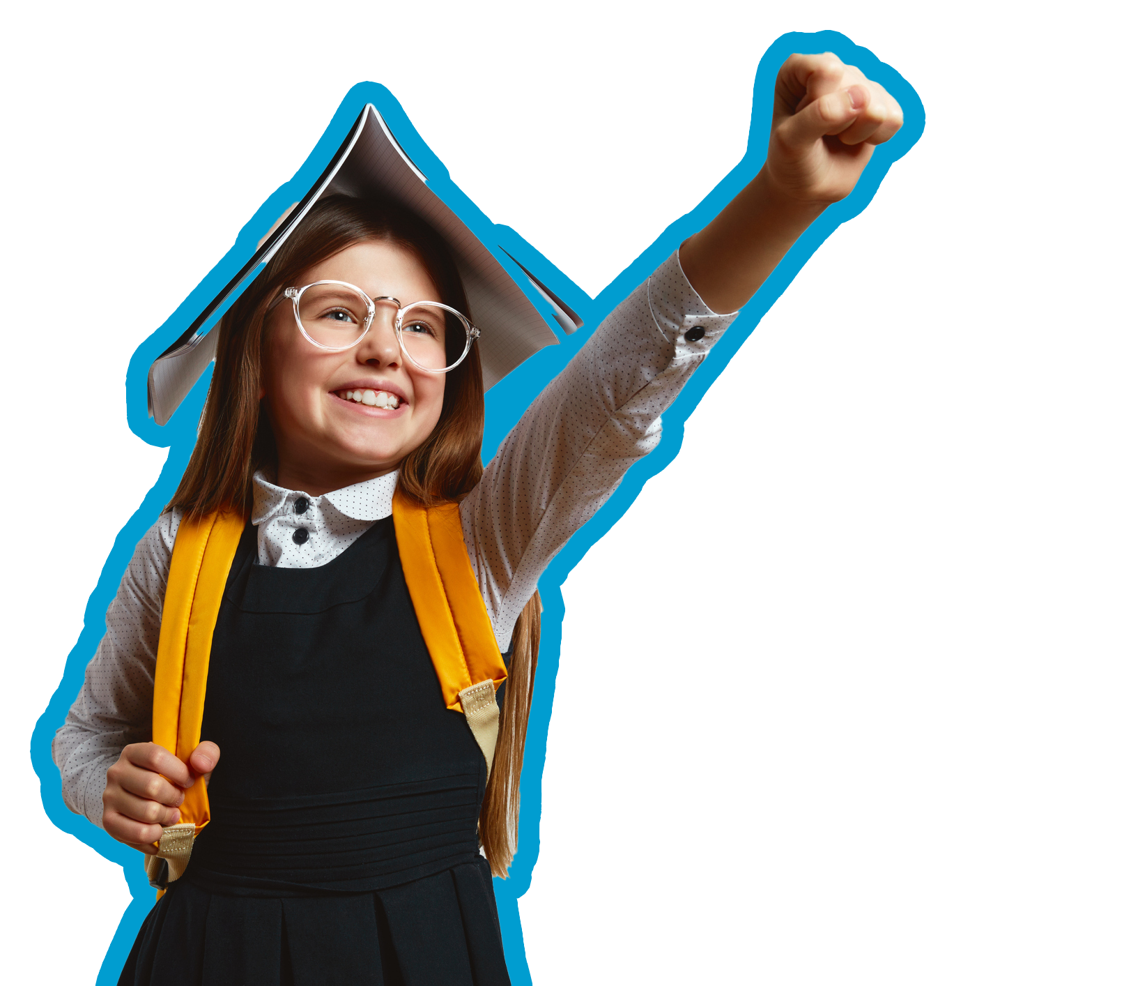 Girl in school uniform with glasses, a book on her head, fist raised, smiling with a backpack. Girl in school uniform with glasses, a book on her head, fist raised, smiling with a backpack.