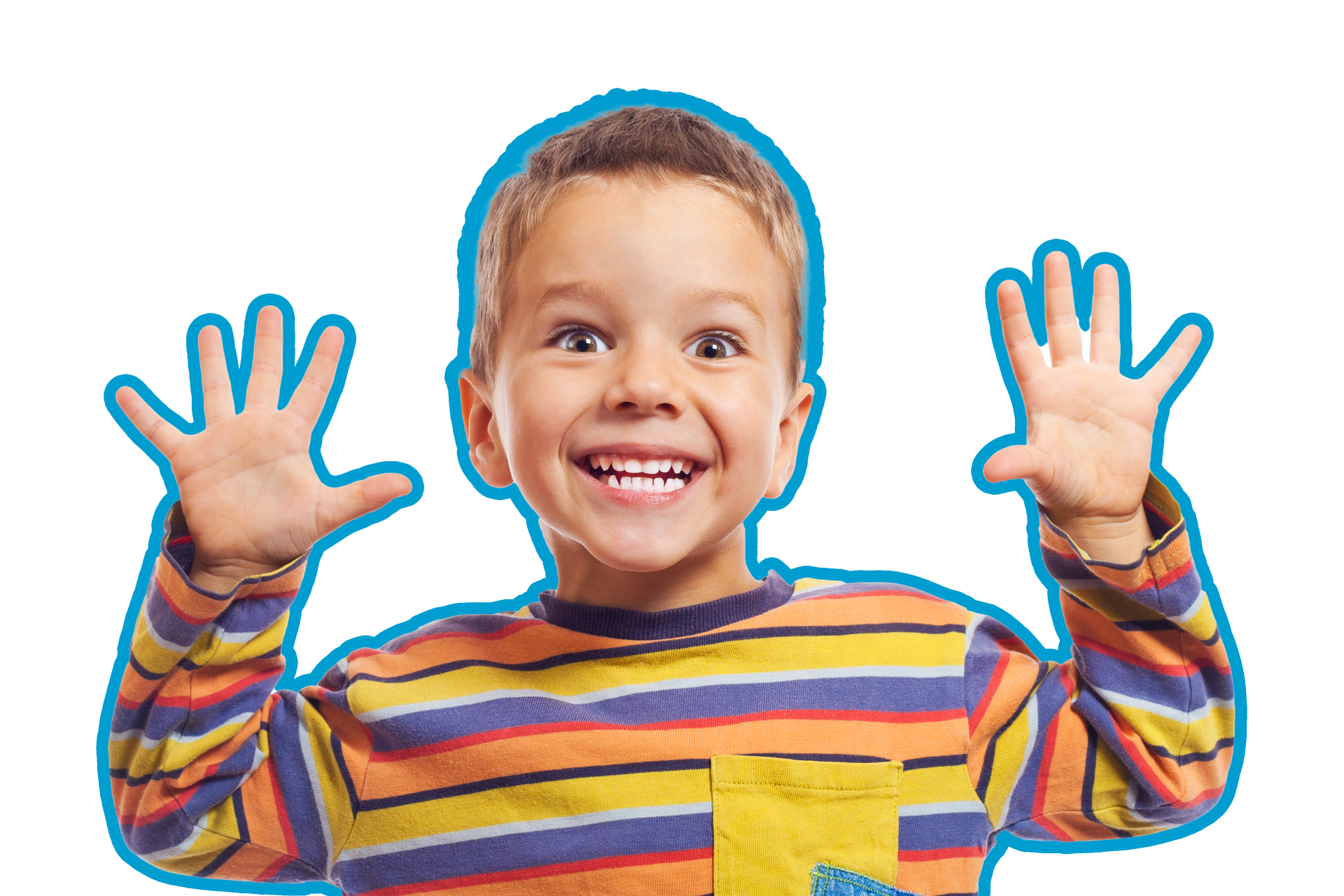 Happy boy with arms raised, wearing a striped shirt, smiling widely.