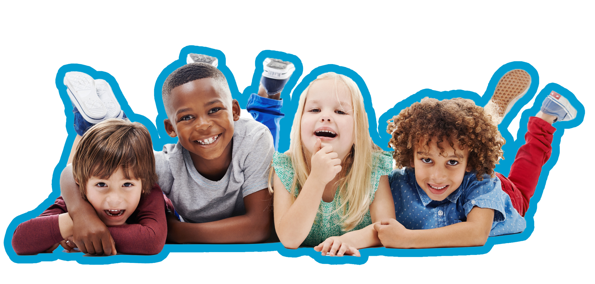 Four diverse children smiling and lying on their stomachs. Blue outline. Four diverse children smiling and lying on their stomachs. Blue outline.