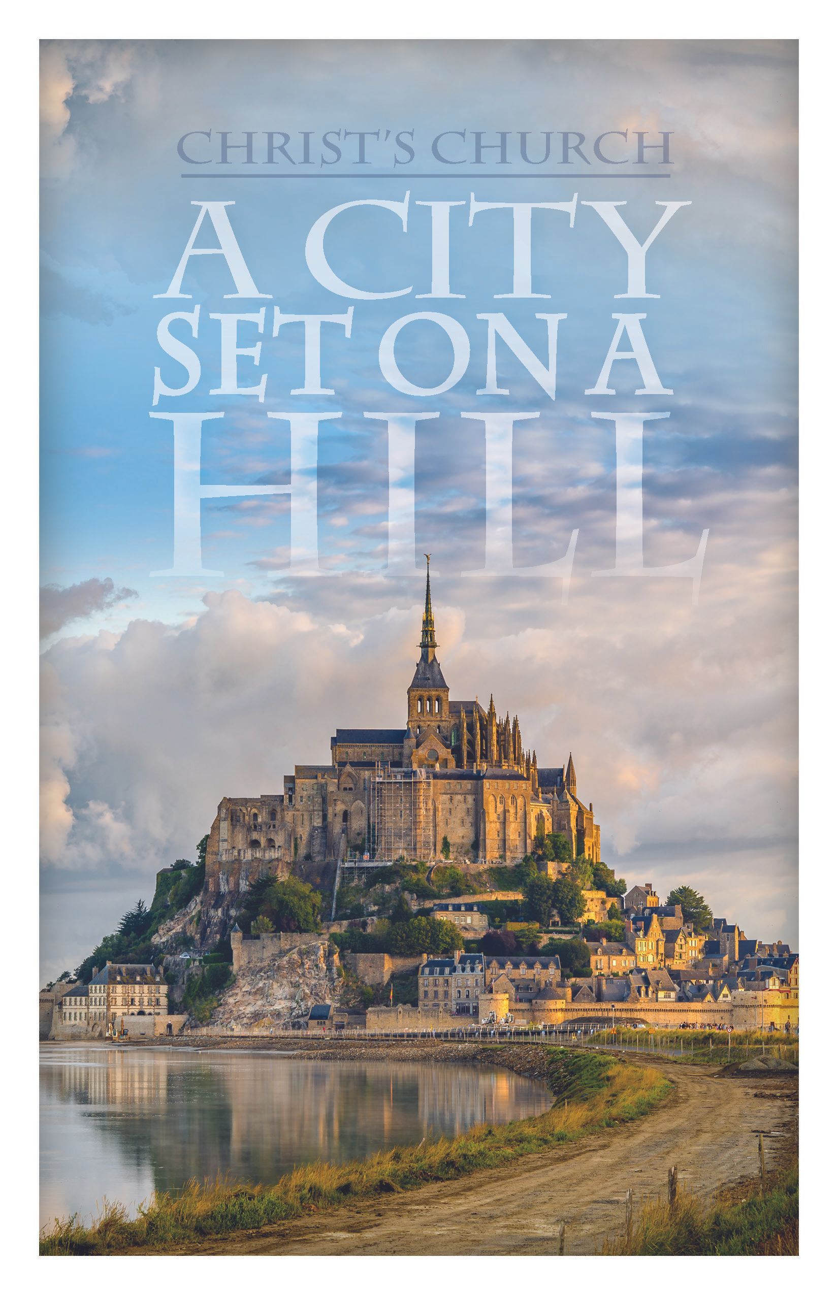 Book Cover - Church on a hill reflected in water, with text: 