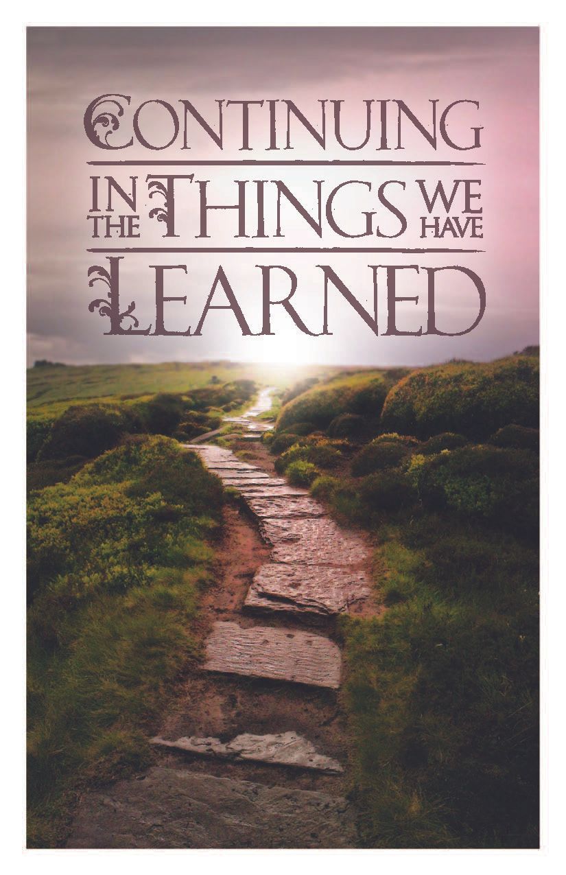 Path winding uphill through grassy terrain toward bright sunlight; text above: 