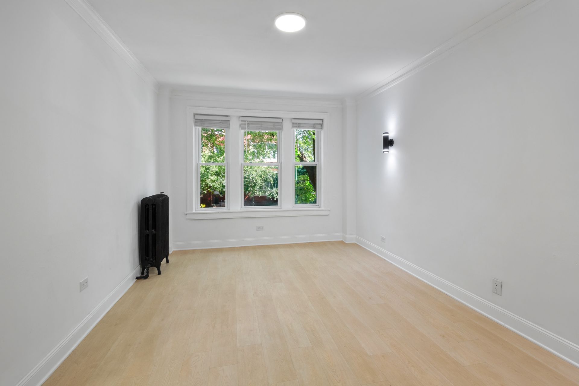 Empty room with light wood floors, white walls, and a window with trees outside.