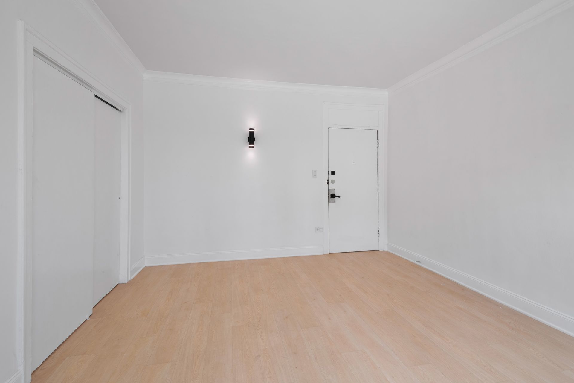 Empty, bright room with white walls, light wood floors, and a white door and closet.