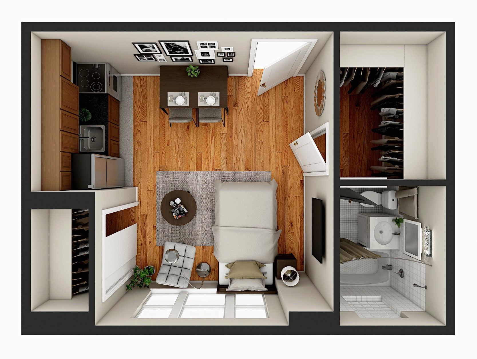 Overhead view of a studio apartment with kitchen, living area, bathroom, and closet; furnished in neutral tones.