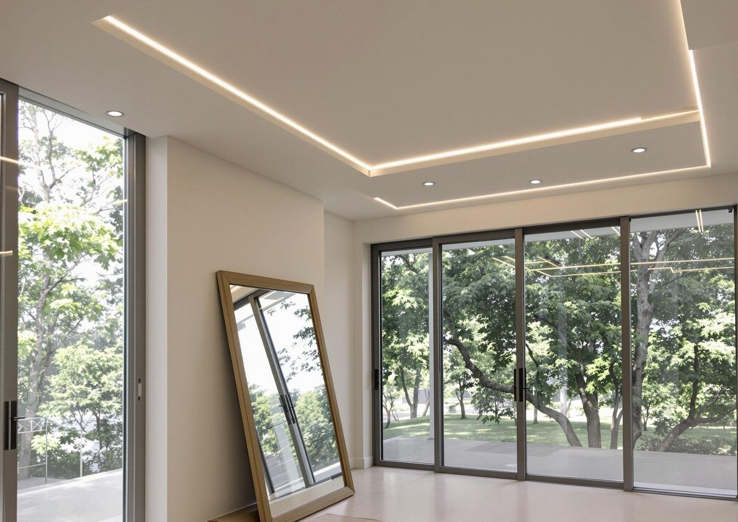 Modern room with large windows, mirror, and recessed ceiling lights. Sunlight and green trees visible outside.