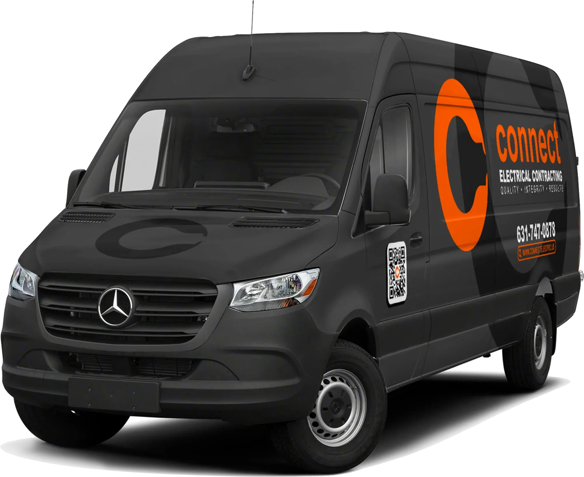 Black Connect Logistics van with orange logo on a road.
