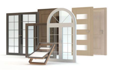 Puertas variadas en diferentes estilos y colores sobre fondo blanco.
