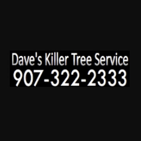 Dave's Killer Tree Service logo: white text on black background, phone number 907-322-2333.