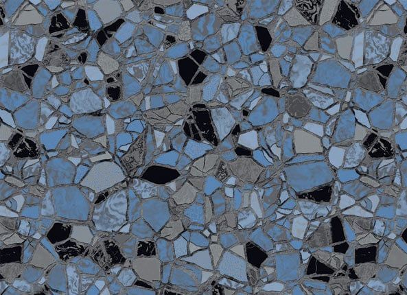 Blue, gray, and black terrazzo tile pattern. Irregularly shaped pieces form a mosaic.
