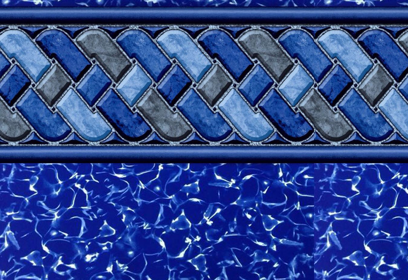 Blue pool liner with a decorative tile border and water pattern.