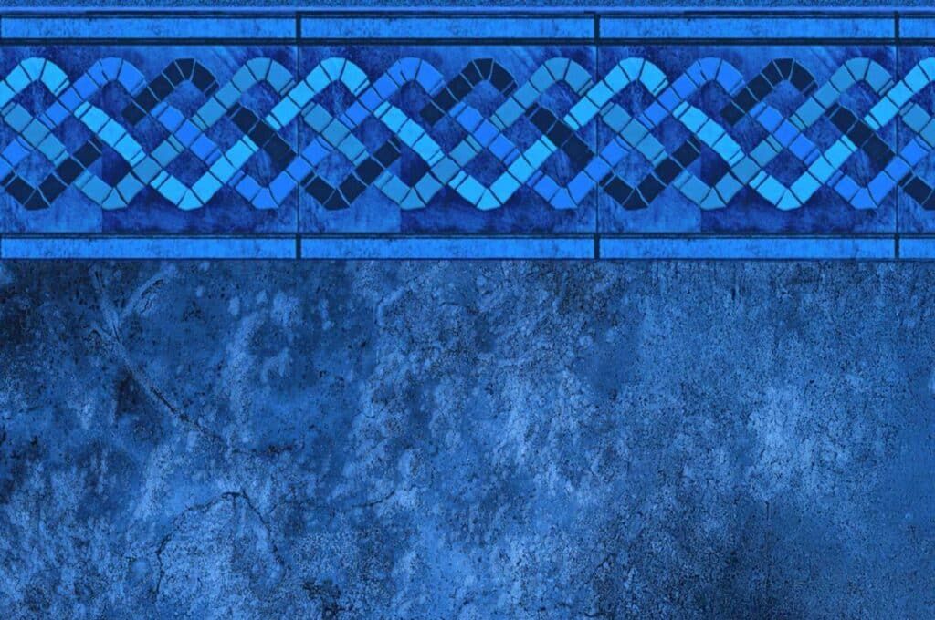 Blue tiled border with interwoven mosaic design over textured blue background.