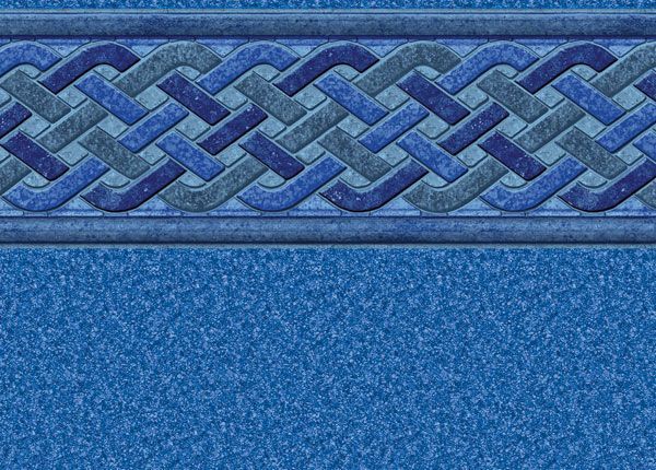 Blue decorative border with woven knot design.