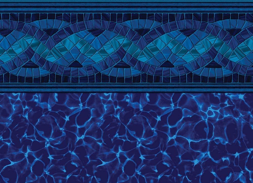 Pool liner with mosaic tile border and water pattern in shades of blue.
