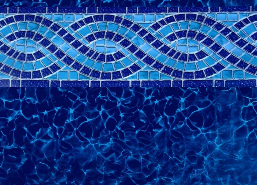 Blue swimming pool with decorative mosaic tile border.