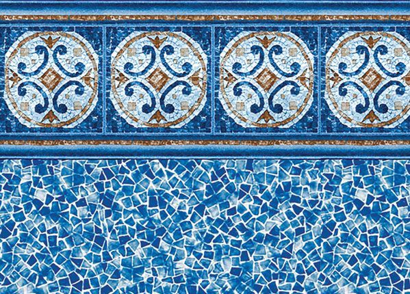 Pool liner with mosaic tile bottom and decorative border with circular patterns in blue and gold.