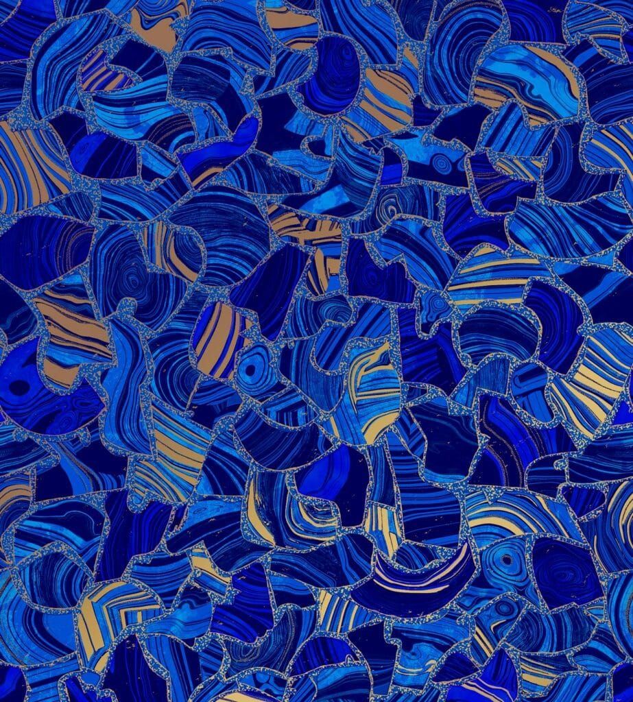 Abstract mosaic pattern in shades of blue and gold.