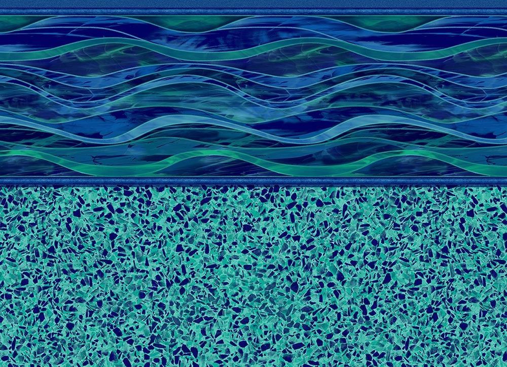 Blue and teal patterned fabric design, with wavy lines and a speckled lower section.