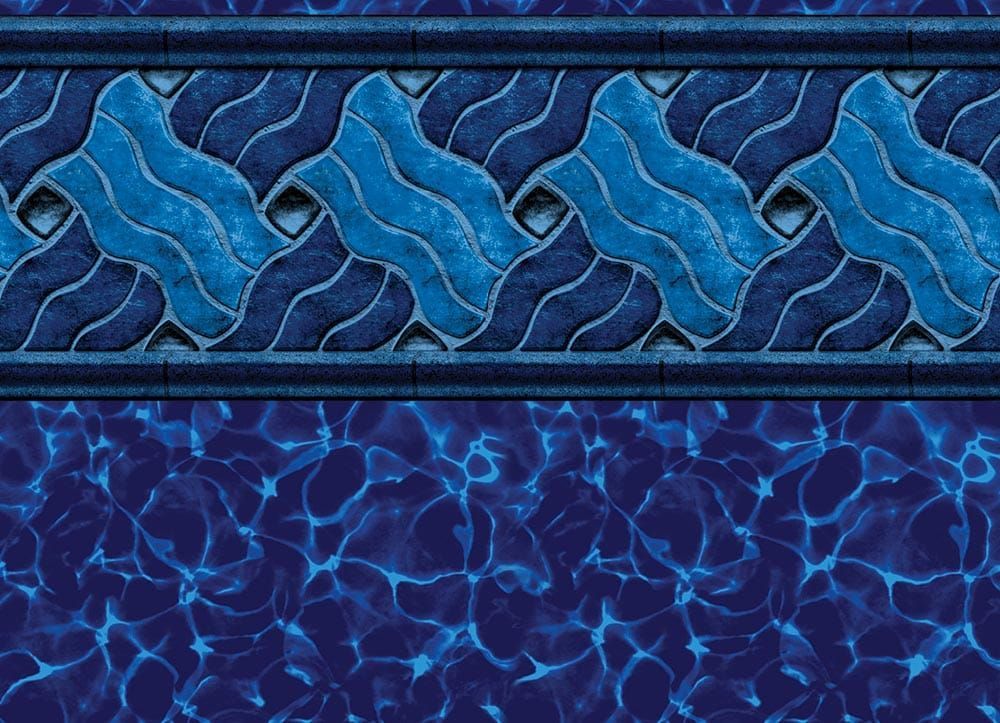 Pool liner with blue wave and water patterns.