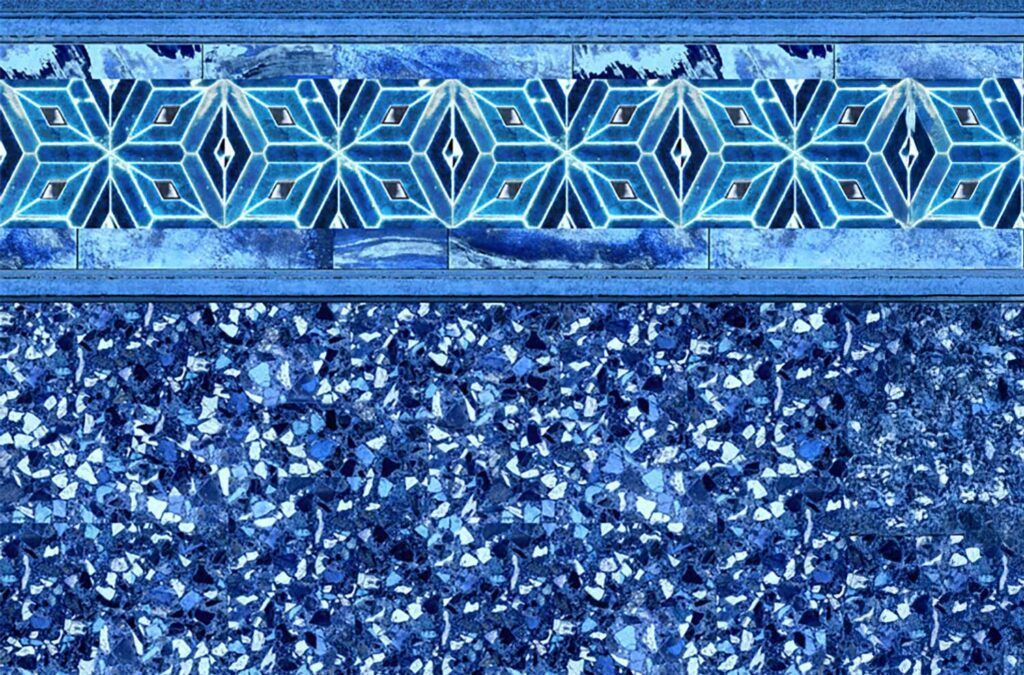 Blue swimming pool liner with geometric tile border and abstract water pattern.