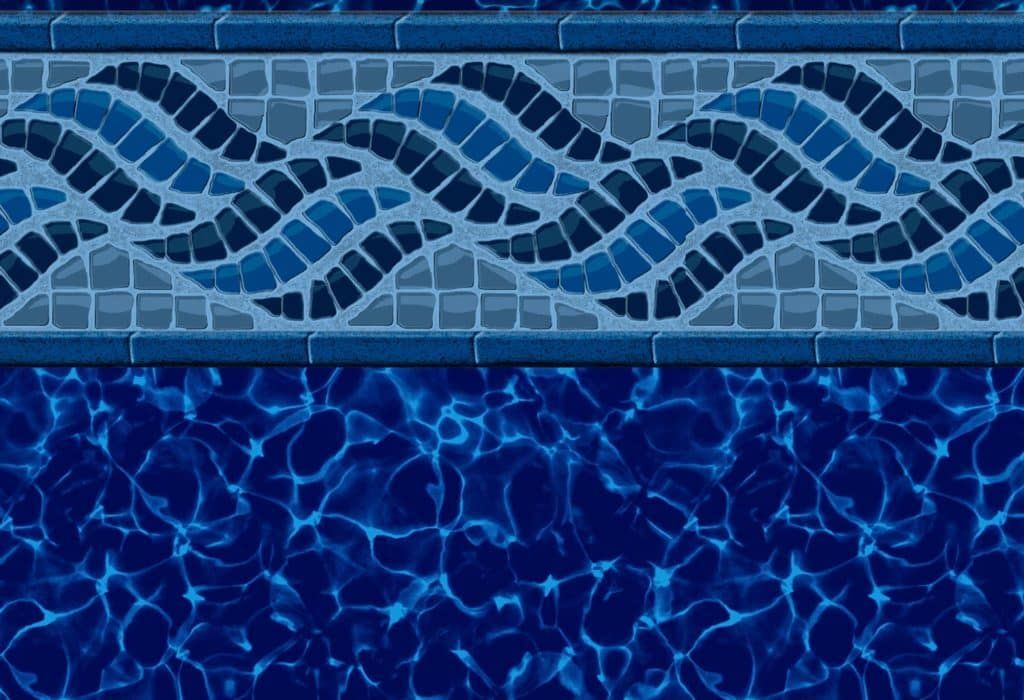 Mosaic wave pattern border on pool liner with rippling water effect.