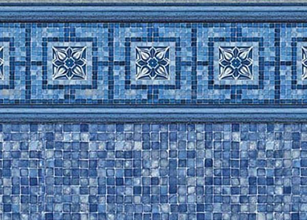 Blue mosaic tile pool liner with decorative border.