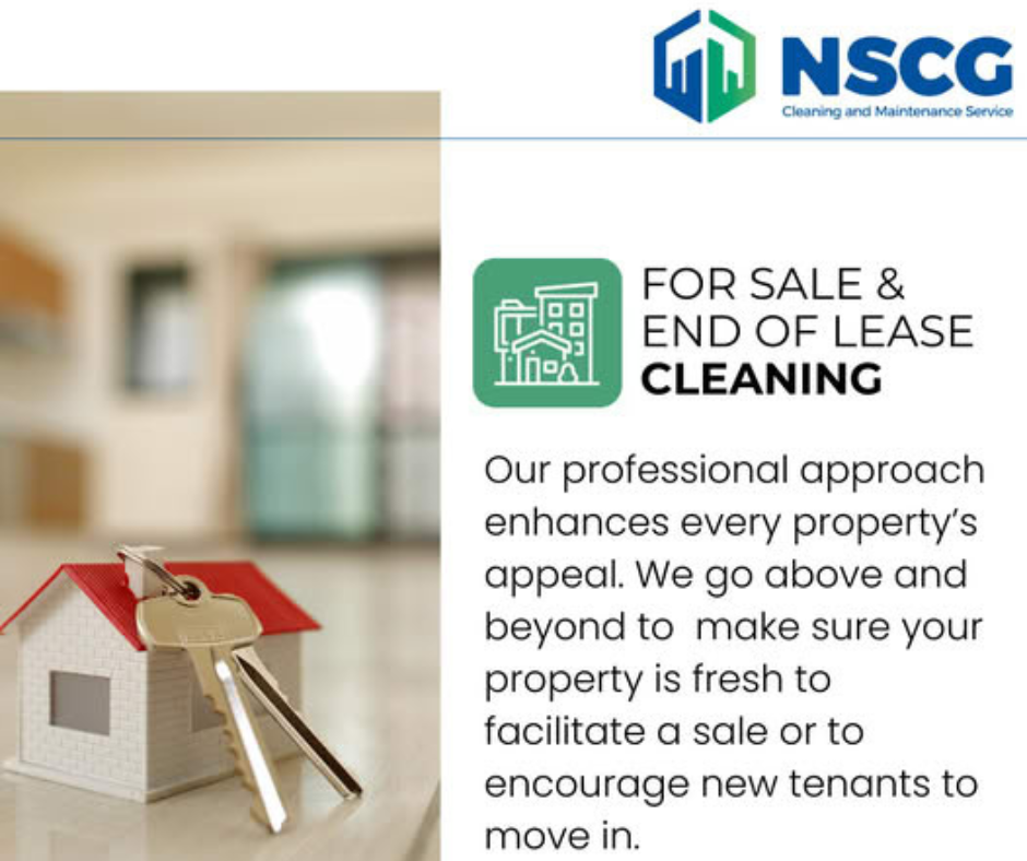 NSCG ad for sale and end of lease cleaning with house model and keys on beige background NSCG ad for sale and end of lease cleaning with house model and keys on beige background
