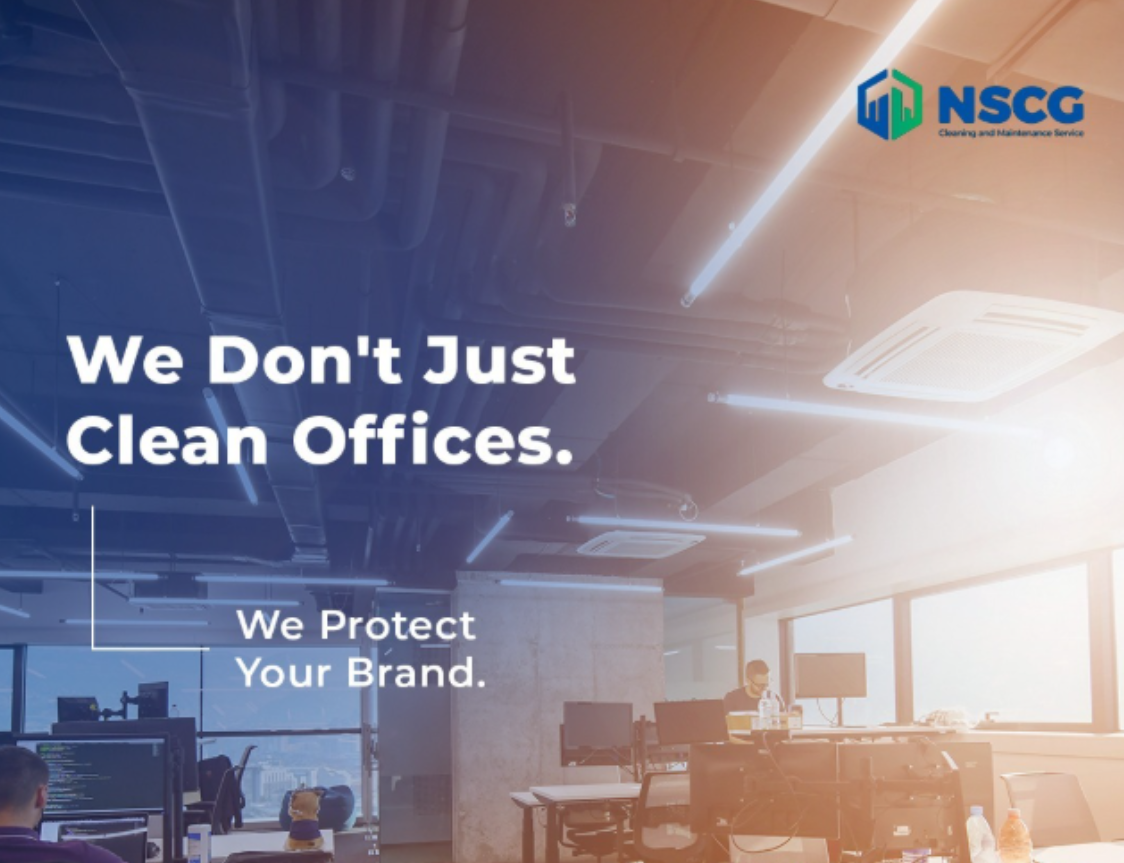 Office cleaning ad with text “We Don’t Just Clean Offices. We Protect Your Brand.”