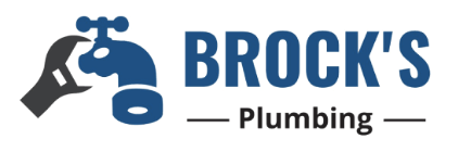 Logo for Brock's Plumbing featuring a blue faucet icon being adjusted by a wrench with the company name in blue text.