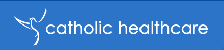 Catholic Healthcare logo: white text and a stylized white bird icon on a blue background.
