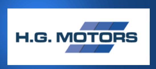 The H.G. MOTORS logo features bold, dark blue lettering above a horizontal strip of four blue parallelograms.