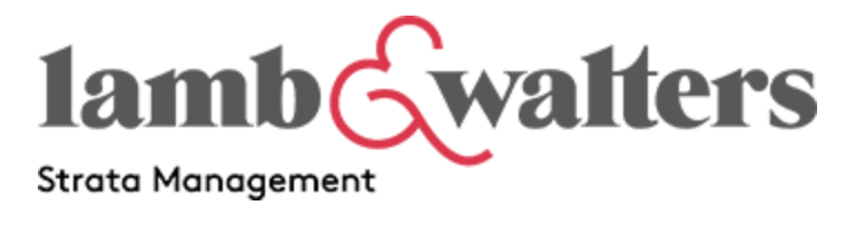 Logo for Lamb & Walters Strata Management featuring dark grey text with a stylized red ampersand.