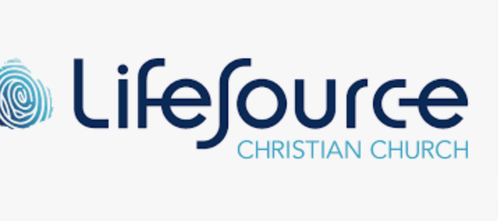 Logo for Lifesource Christian Church featuring a blue fingerprint icon and dark blue text on a white background.