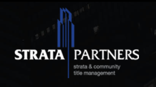 Logo for Strata Partners: a blue stylized building icon above the white text 