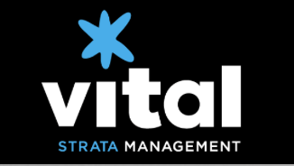 The Vital Strata Management logo featuring a blue flower-like icon above white text on a black background.