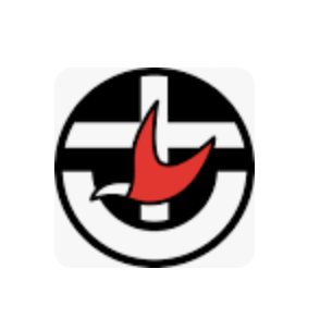 A black-and-white cross inside a circle, with a stylized red dove shape overlaid in the center.