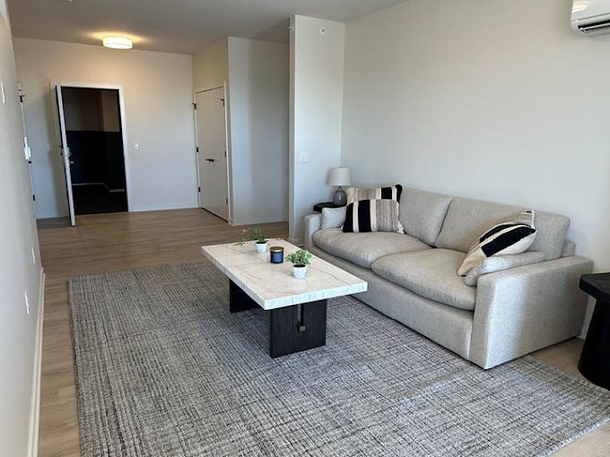 Living room with gray rug, beige sofa, white walls, and coffee table.